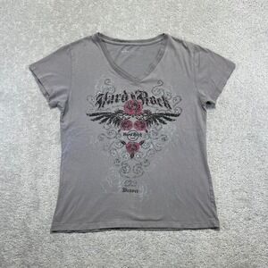 Hard Rock Cafe T-Shirt Womens L Gray Denver V-Neck Rose Wings Goth Grunge Y2k